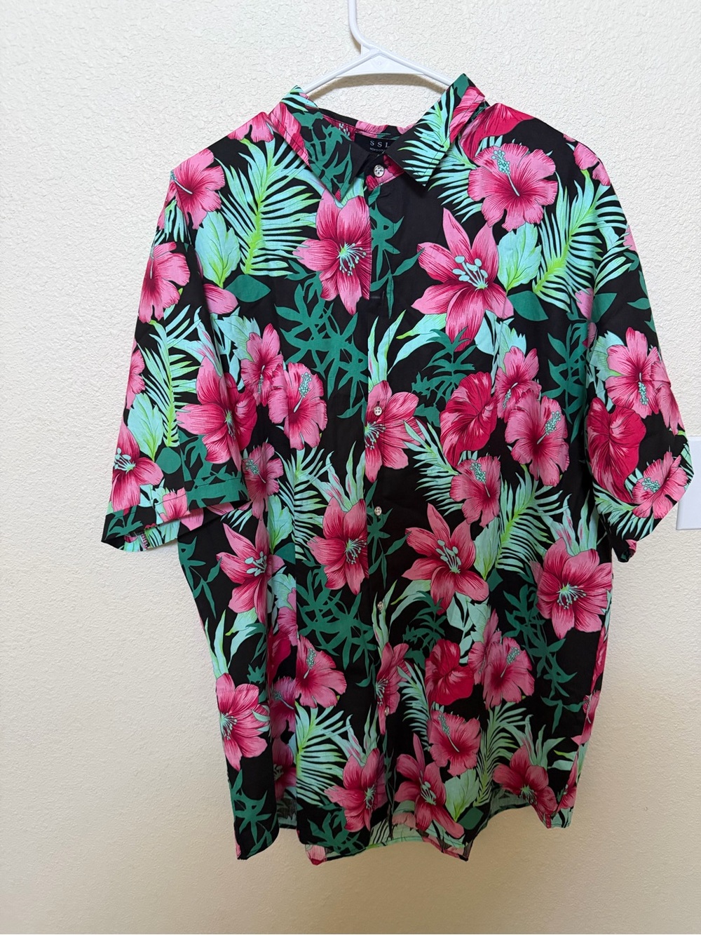Men's Black Floral Button-Down Shirt with Pink Hibiscus Print